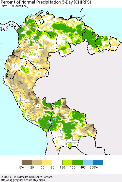 Northern South America Percent of Normal Precipitation 5-Day (CHIRPS) Thematic Map For 5/6/2019 - 5/10/2019