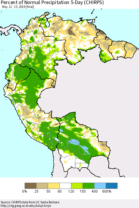 Northern South America Percent of Normal Precipitation 5-Day (CHIRPS) Thematic Map For 5/11/2019 - 5/15/2019