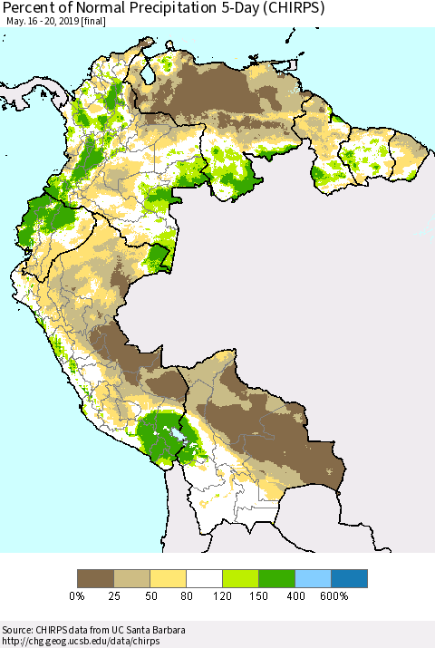 Northern South America Percent of Normal Precipitation 5-Day (CHIRPS) Thematic Map For 5/16/2019 - 5/20/2019