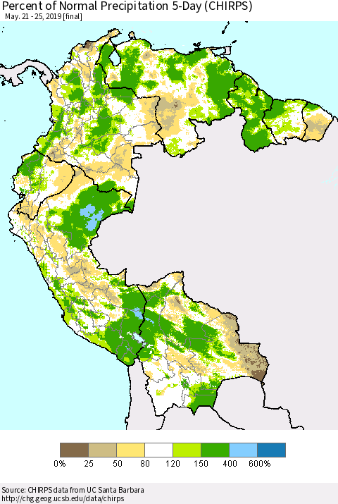 Northern South America Percent of Normal Precipitation 5-Day (CHIRPS) Thematic Map For 5/21/2019 - 5/25/2019