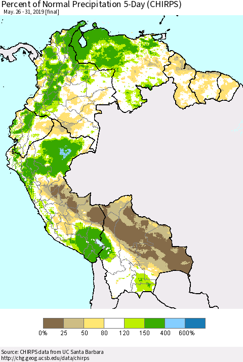 Northern South America Percent of Normal Precipitation 5-Day (CHIRPS) Thematic Map For 5/26/2019 - 5/31/2019