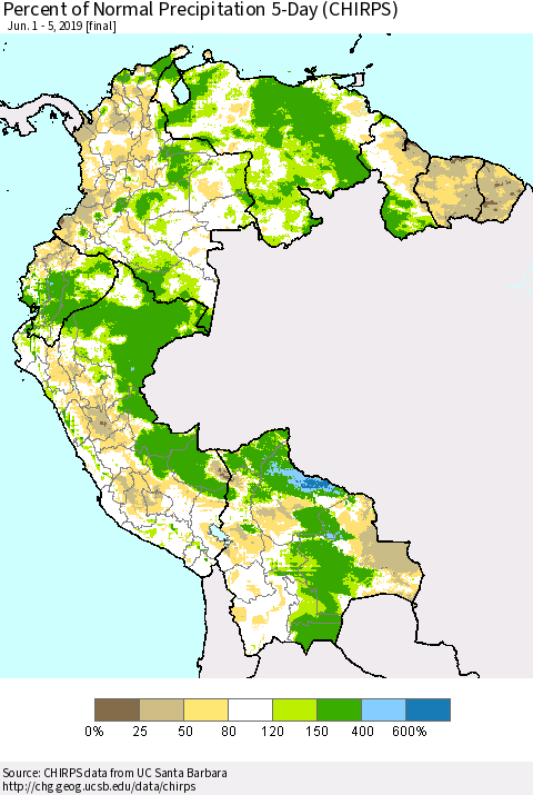 Northern South America Percent of Normal Precipitation 5-Day (CHIRPS) Thematic Map For 6/1/2019 - 6/5/2019