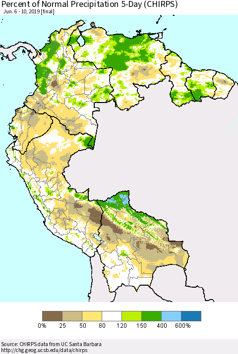 Northern South America Percent of Normal Precipitation 5-Day (CHIRPS) Thematic Map For 6/6/2019 - 6/10/2019