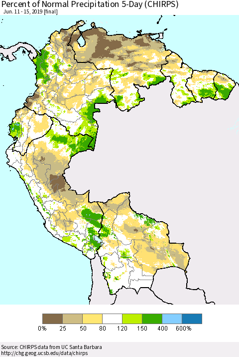 Northern South America Percent of Normal Precipitation 5-Day (CHIRPS) Thematic Map For 6/11/2019 - 6/15/2019