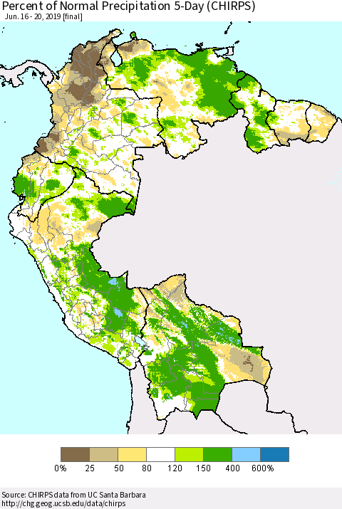 Northern South America Percent of Normal Precipitation 5-Day (CHIRPS) Thematic Map For 6/16/2019 - 6/20/2019
