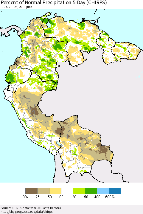 Northern South America Percent of Normal Precipitation 5-Day (CHIRPS) Thematic Map For 6/21/2019 - 6/25/2019