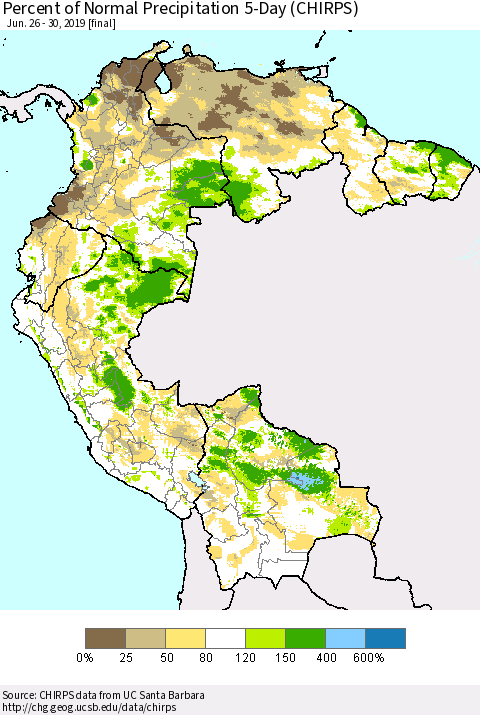 Northern South America Percent of Normal Precipitation 5-Day (CHIRPS) Thematic Map For 6/26/2019 - 6/30/2019