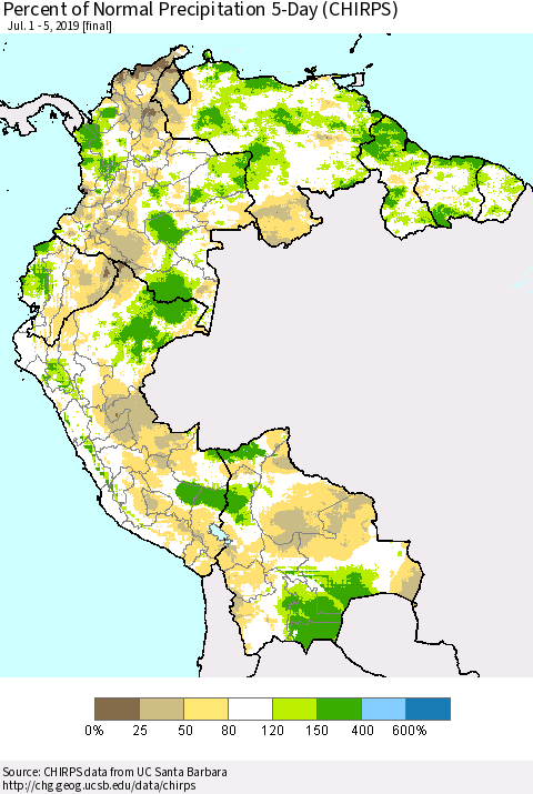 Northern South America Percent of Normal Precipitation 5-Day (CHIRPS) Thematic Map For 7/1/2019 - 7/5/2019