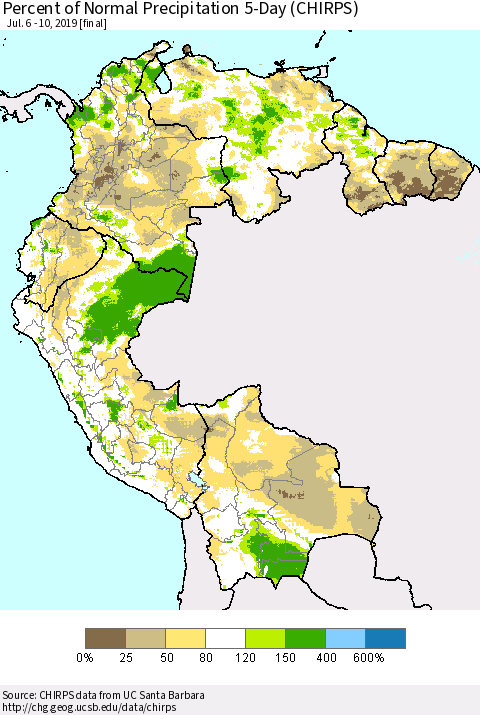 Northern South America Percent of Normal Precipitation 5-Day (CHIRPS) Thematic Map For 7/6/2019 - 7/10/2019