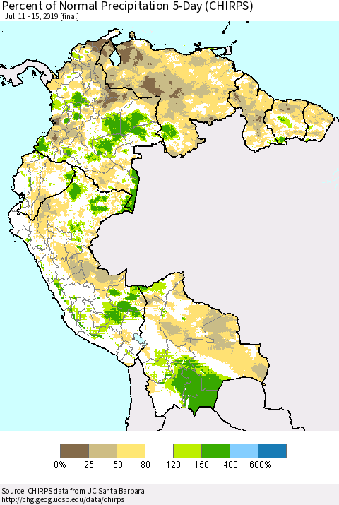 Northern South America Percent of Normal Precipitation 5-Day (CHIRPS) Thematic Map For 7/11/2019 - 7/15/2019