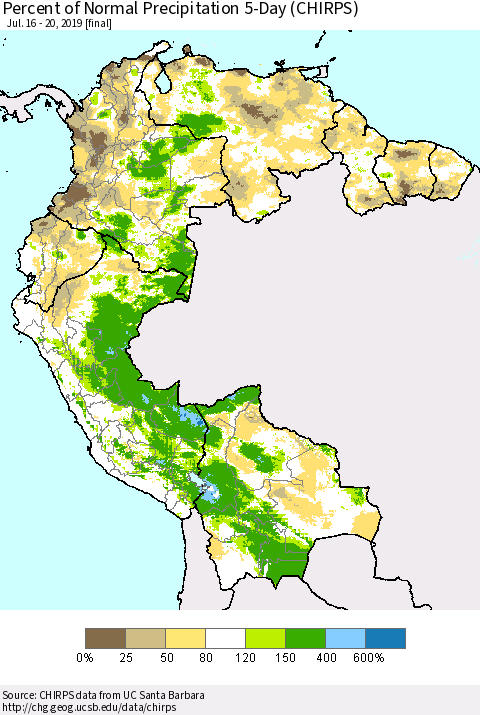 Northern South America Percent of Normal Precipitation 5-Day (CHIRPS) Thematic Map For 7/16/2019 - 7/20/2019