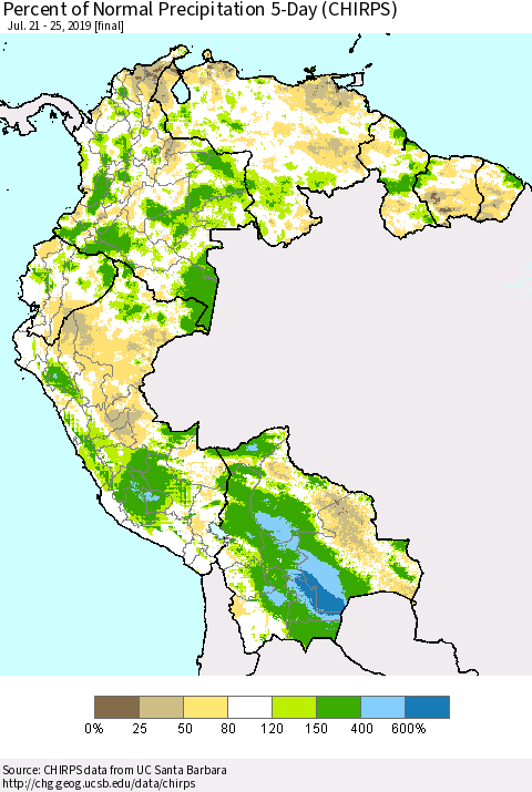 Northern South America Percent of Normal Precipitation 5-Day (CHIRPS) Thematic Map For 7/21/2019 - 7/25/2019