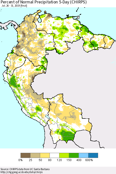Northern South America Percent of Normal Precipitation 5-Day (CHIRPS) Thematic Map For 7/26/2019 - 7/31/2019