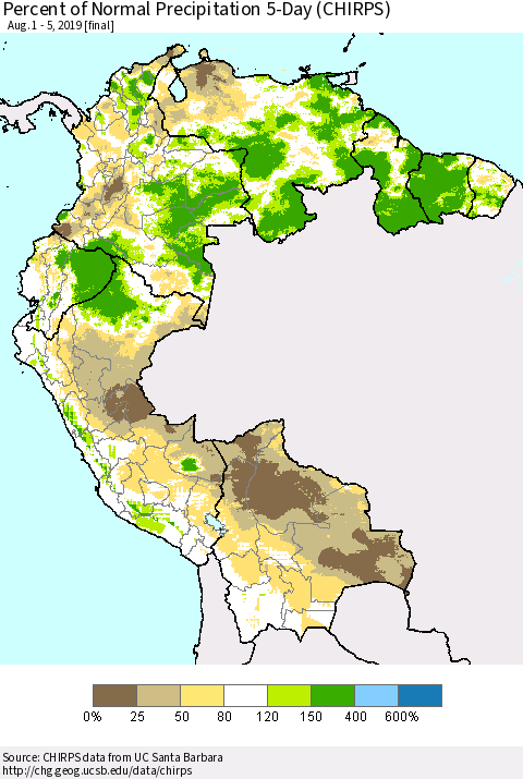 Northern South America Percent of Normal Precipitation 5-Day (CHIRPS) Thematic Map For 8/1/2019 - 8/5/2019