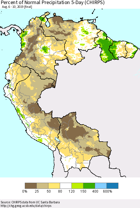 Northern South America Percent of Normal Precipitation 5-Day (CHIRPS) Thematic Map For 8/6/2019 - 8/10/2019