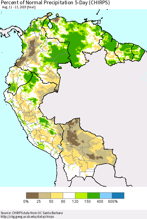 Northern South America Percent of Normal Precipitation 5-Day (CHIRPS) Thematic Map For 8/11/2019 - 8/15/2019