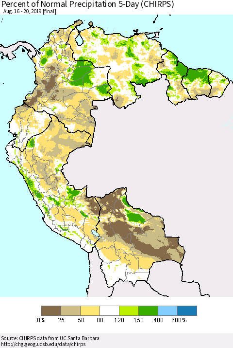 Northern South America Percent of Normal Precipitation 5-Day (CHIRPS) Thematic Map For 8/16/2019 - 8/20/2019