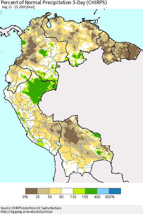 Northern South America Percent of Normal Precipitation 5-Day (CHIRPS) Thematic Map For 8/21/2019 - 8/25/2019