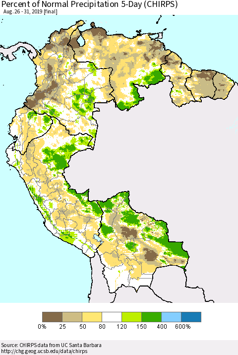 Northern South America Percent of Normal Precipitation 5-Day (CHIRPS) Thematic Map For 8/26/2019 - 8/31/2019