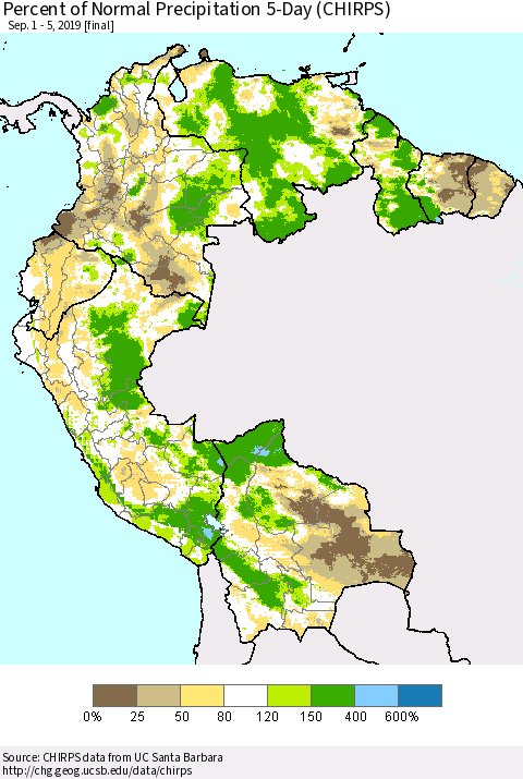 Northern South America Percent of Normal Precipitation 5-Day (CHIRPS) Thematic Map For 9/1/2019 - 9/5/2019