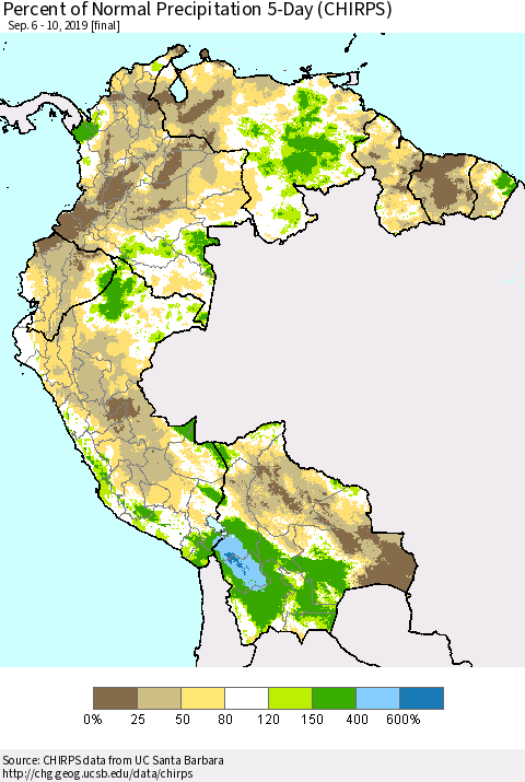 Northern South America Percent of Normal Precipitation 5-Day (CHIRPS) Thematic Map For 9/6/2019 - 9/10/2019