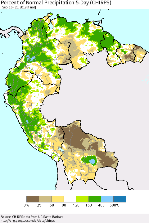 Northern South America Percent of Normal Precipitation 5-Day (CHIRPS) Thematic Map For 9/16/2019 - 9/20/2019
