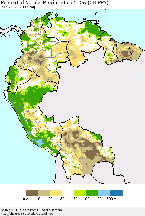 Northern South America Percent of Normal Precipitation 5-Day (CHIRPS) Thematic Map For 9/21/2019 - 9/25/2019