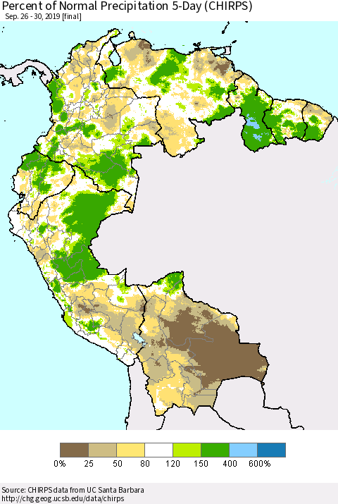 Northern South America Percent of Normal Precipitation 5-Day (CHIRPS) Thematic Map For 9/26/2019 - 9/30/2019