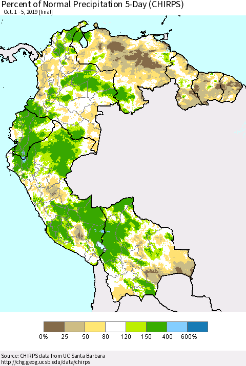 Northern South America Percent of Normal Precipitation 5-Day (CHIRPS) Thematic Map For 10/1/2019 - 10/5/2019