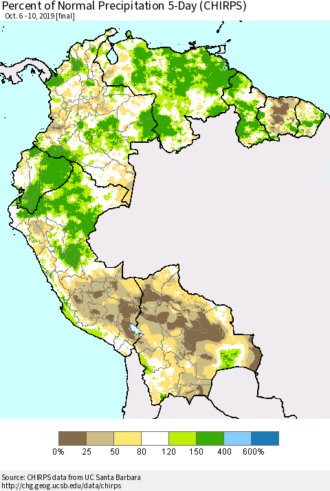 Northern South America Percent of Normal Precipitation 5-Day (CHIRPS) Thematic Map For 10/6/2019 - 10/10/2019