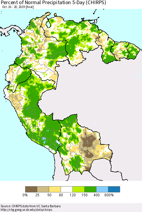 Northern South America Percent of Normal Precipitation 5-Day (CHIRPS) Thematic Map For 10/16/2019 - 10/20/2019