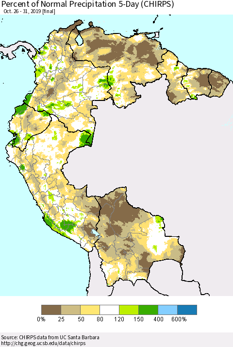 Northern South America Percent of Normal Precipitation 5-Day (CHIRPS) Thematic Map For 10/26/2019 - 10/31/2019