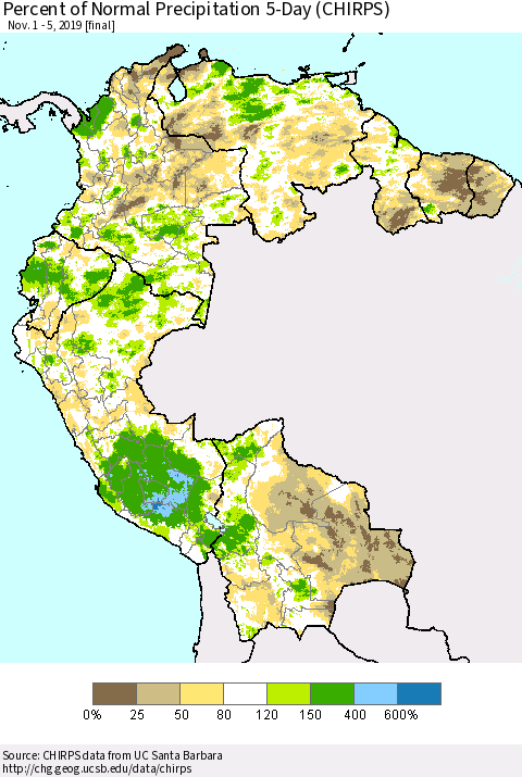 Northern South America Percent of Normal Precipitation 5-Day (CHIRPS) Thematic Map For 11/1/2019 - 11/5/2019