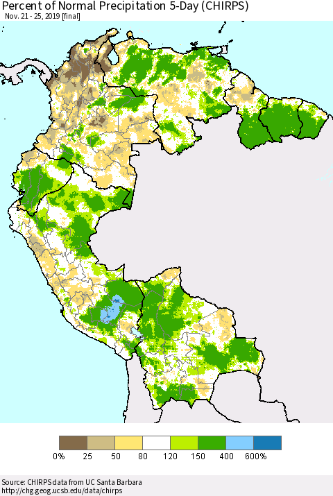Northern South America Percent of Normal Precipitation 5-Day (CHIRPS) Thematic Map For 11/21/2019 - 11/25/2019
