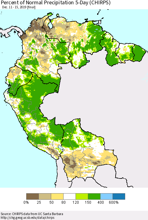 Northern South America Percent of Normal Precipitation 5-Day (CHIRPS) Thematic Map For 12/11/2019 - 12/15/2019