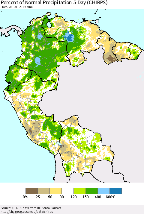 Northern South America Percent of Normal Precipitation 5-Day (CHIRPS) Thematic Map For 12/26/2019 - 12/31/2019