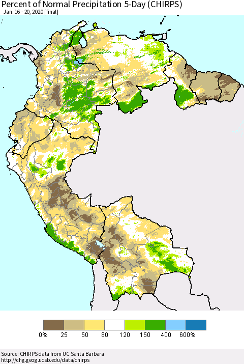 Northern South America Percent of Normal Precipitation 5-Day (CHIRPS) Thematic Map For 1/16/2020 - 1/20/2020