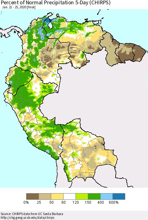 Northern South America Percent of Normal Precipitation 5-Day (CHIRPS) Thematic Map For 1/21/2020 - 1/25/2020