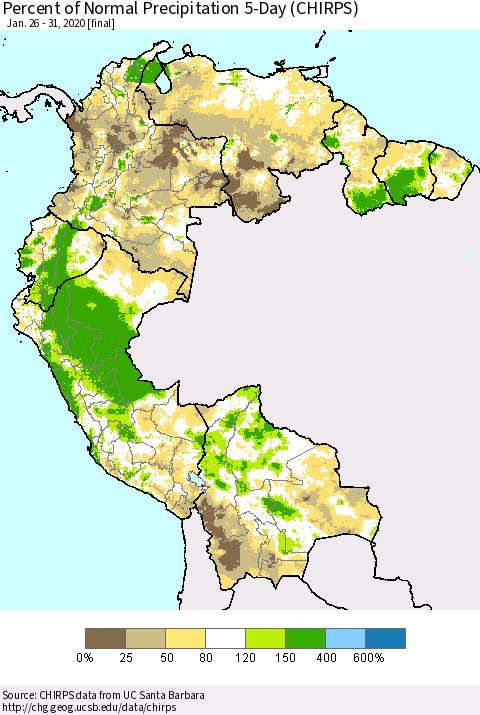 Northern South America Percent of Normal Precipitation 5-Day (CHIRPS) Thematic Map For 1/26/2020 - 1/31/2020