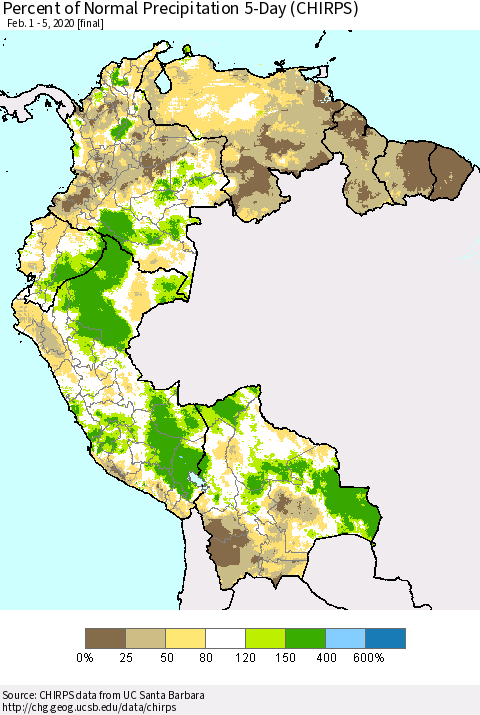 Northern South America Percent of Normal Precipitation 5-Day (CHIRPS) Thematic Map For 2/1/2020 - 2/5/2020