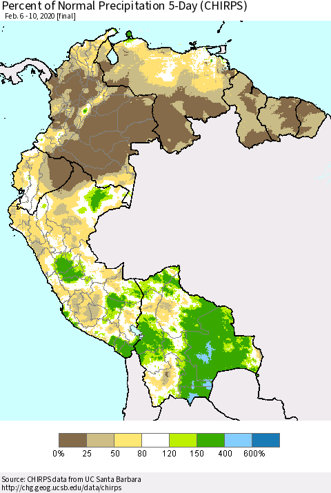 Northern South America Percent of Normal Precipitation 5-Day (CHIRPS) Thematic Map For 2/6/2020 - 2/10/2020