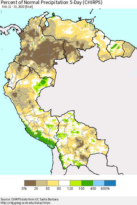 Northern South America Percent of Normal Precipitation 5-Day (CHIRPS) Thematic Map For 2/11/2020 - 2/15/2020
