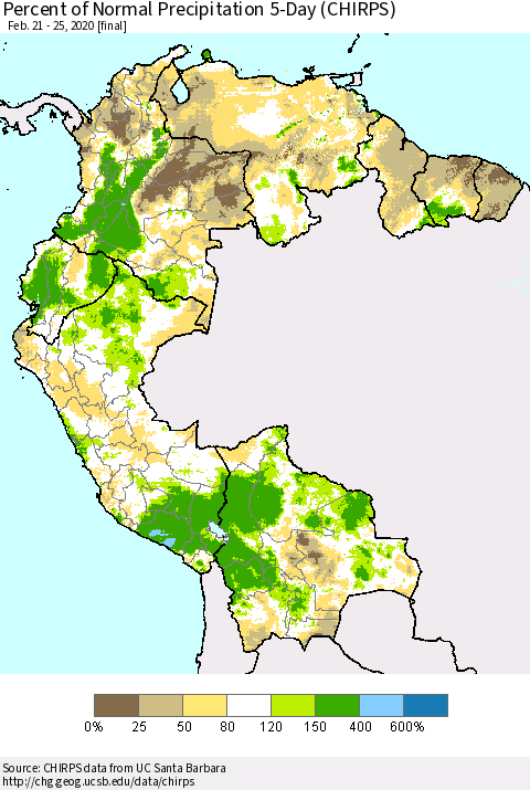 Northern South America Percent of Normal Precipitation 5-Day (CHIRPS) Thematic Map For 2/21/2020 - 2/25/2020