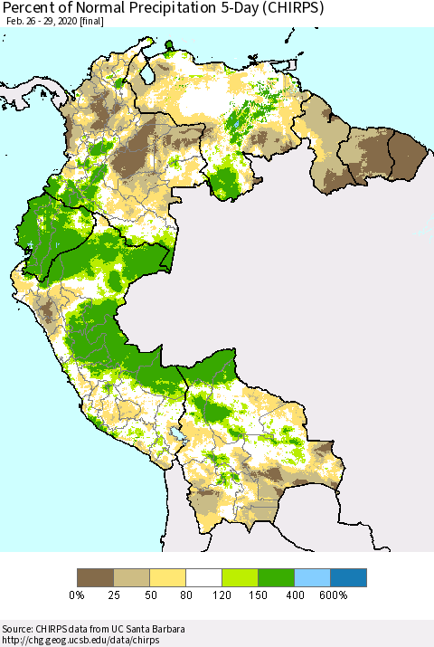 Northern South America Percent of Normal Precipitation 5-Day (CHIRPS) Thematic Map For 2/26/2020 - 2/29/2020