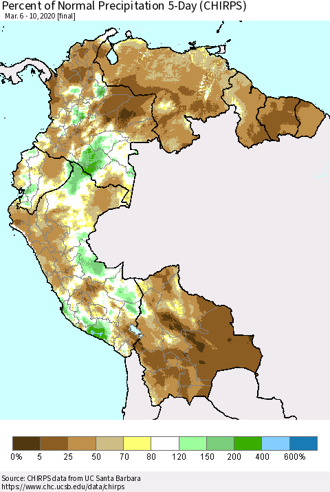 Northern South America Percent of Normal Precipitation 5-Day (CHIRPS) Thematic Map For 3/6/2020 - 3/10/2020