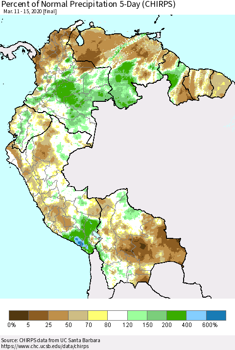 Northern South America Percent of Normal Precipitation 5-Day (CHIRPS) Thematic Map For 3/11/2020 - 3/15/2020