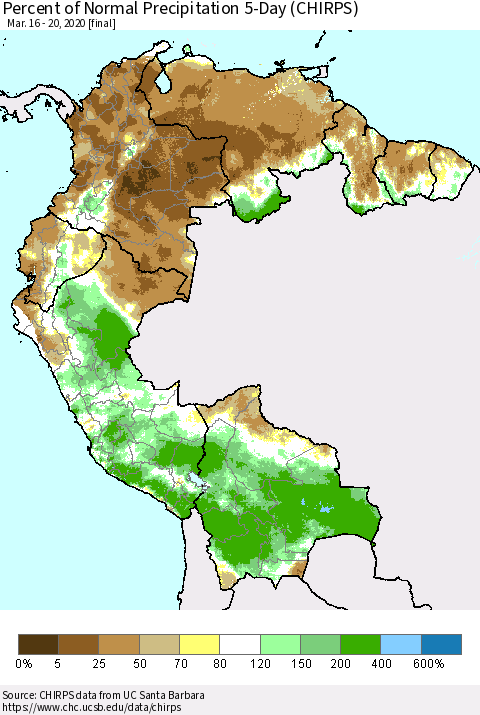 Northern South America Percent of Normal Precipitation 5-Day (CHIRPS) Thematic Map For 3/16/2020 - 3/20/2020