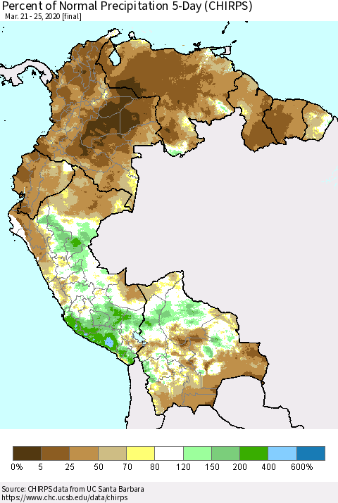 Northern South America Percent of Normal Precipitation 5-Day (CHIRPS) Thematic Map For 3/21/2020 - 3/25/2020
