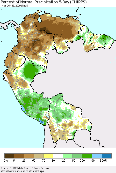 Northern South America Percent of Normal Precipitation 5-Day (CHIRPS) Thematic Map For 3/26/2020 - 3/31/2020