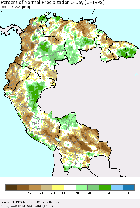 Northern South America Percent of Normal Precipitation 5-Day (CHIRPS) Thematic Map For 4/1/2020 - 4/5/2020